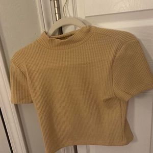 Forever 21 Tan Beige Waffle Knit Mock Neck Short Sleeve Crop Top